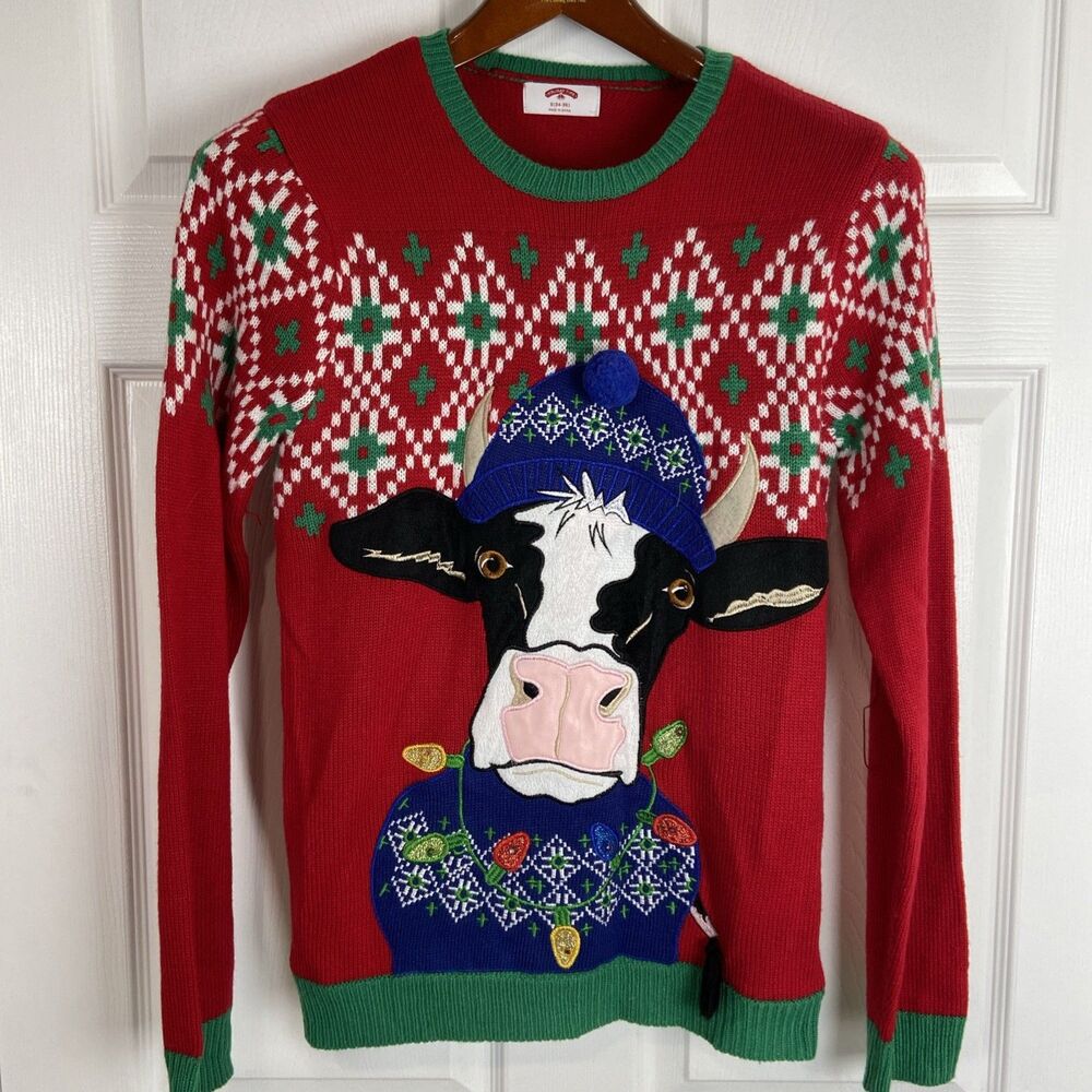 Holiday Time Cow Ugly Christmas Sweater Party Womens Size Small Red Green Read